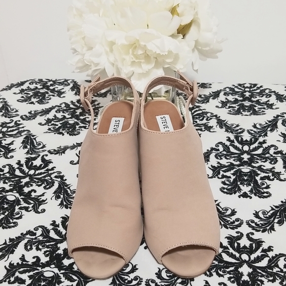 Steve Madden Carrine Blush Pink Suede Peep Toe Ankle Strap Chunky Heel Sandals - Picture 4 of 10